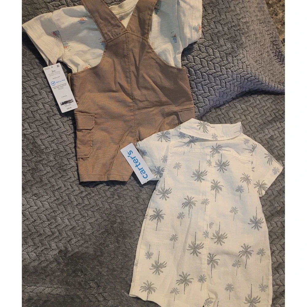 NWT Carter's OshKosh Baby Boy 3M Summer Bundle Gingham Palm Tree Linen 4pc Set